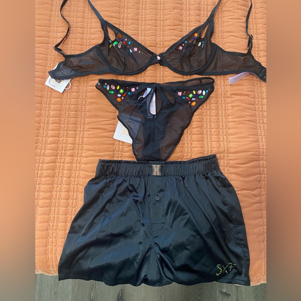 NWT Savage X Fenty Black Carnival Jeweled Mesh 3-piece lingerie set